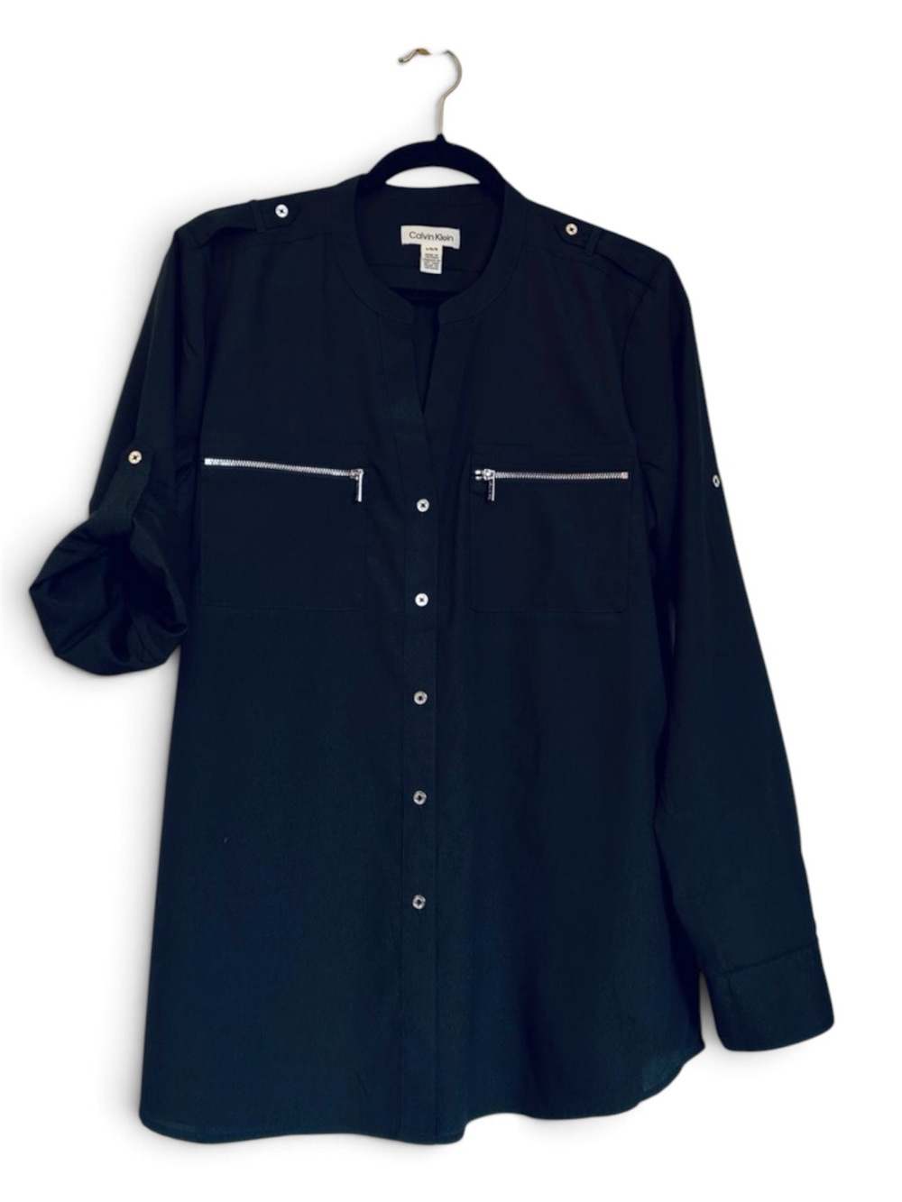 Calvin Klein Black Blouse with Silver Zipper Accents